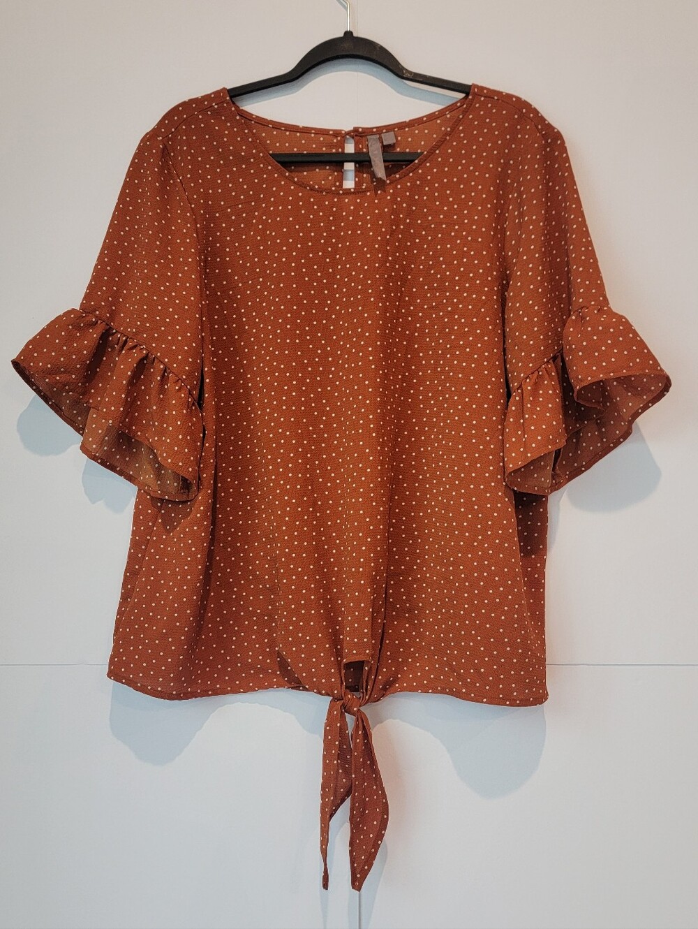 Brina & Em XL Rust Orange Polka Dot Tie Front Blouse Ruffle Bell Sleeve